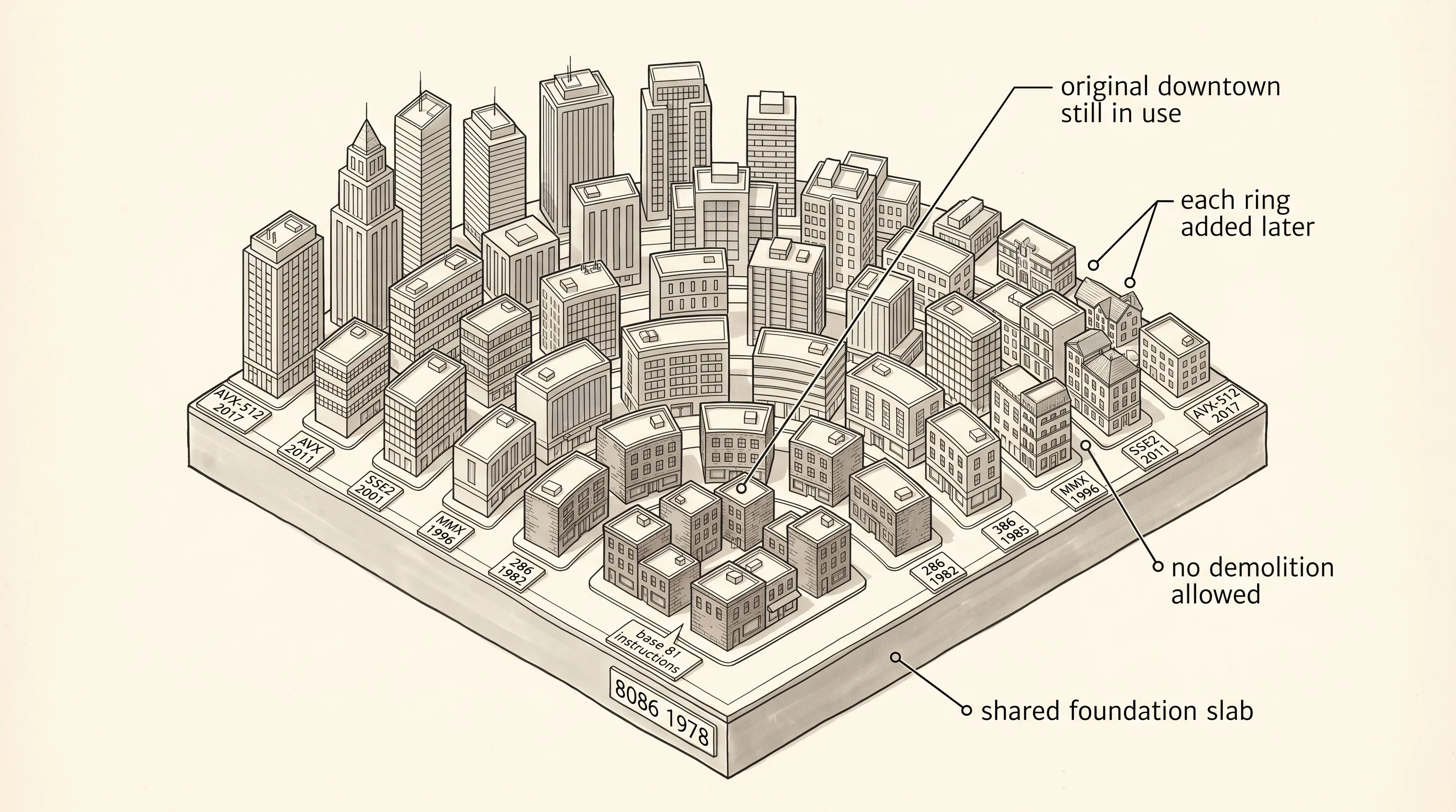 x86 as a city built in layers from 1978 onward, with the original downtown still standing at the center.