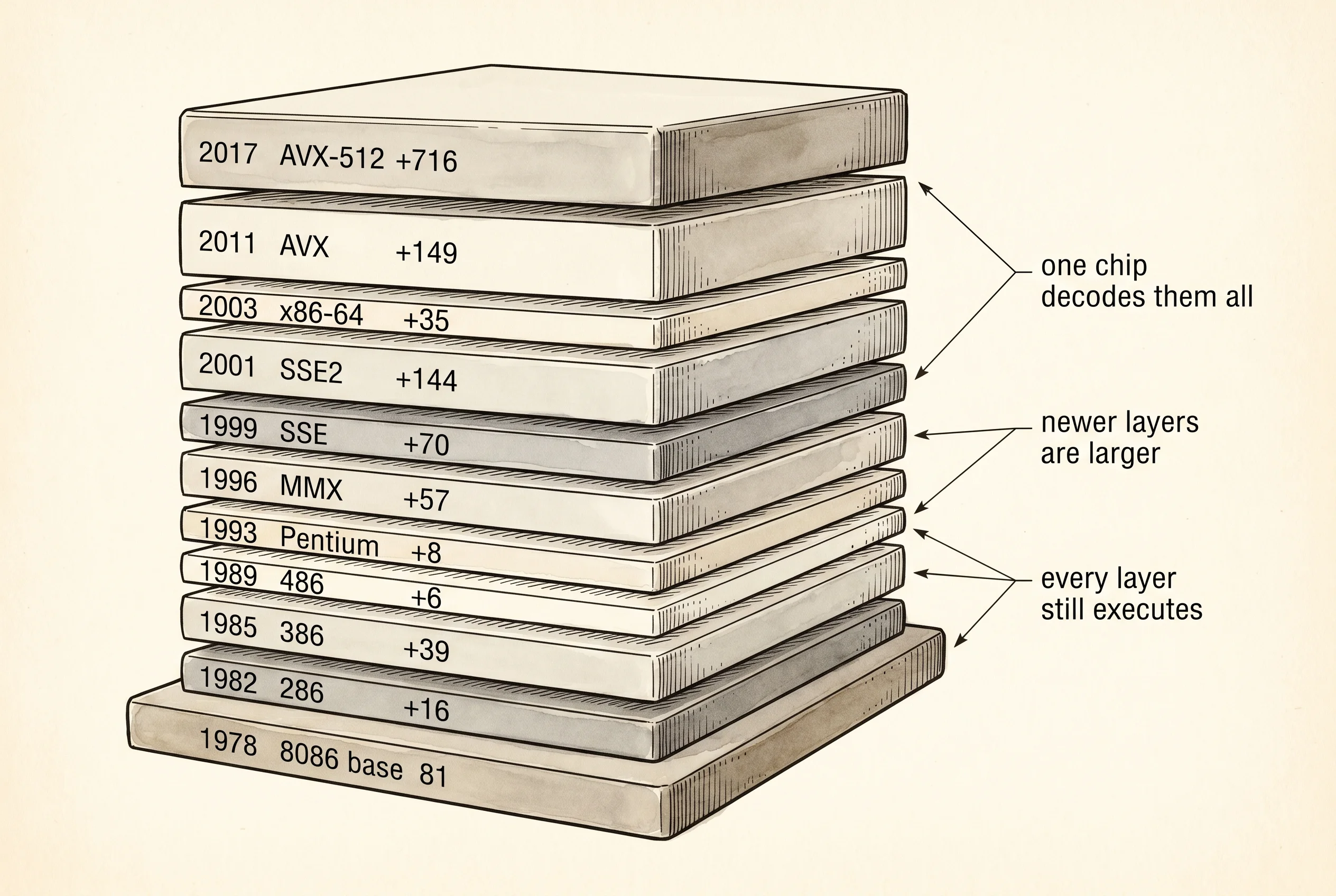 Each new x86 extension stacks on top of the previous ones without replacing them.